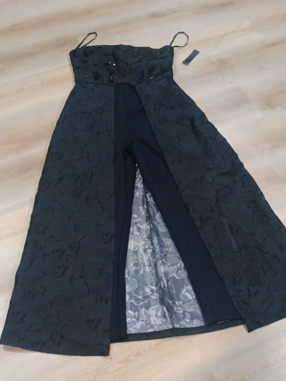 Black Floral Strapless Jumpsuit Dress with Beaded Bodice